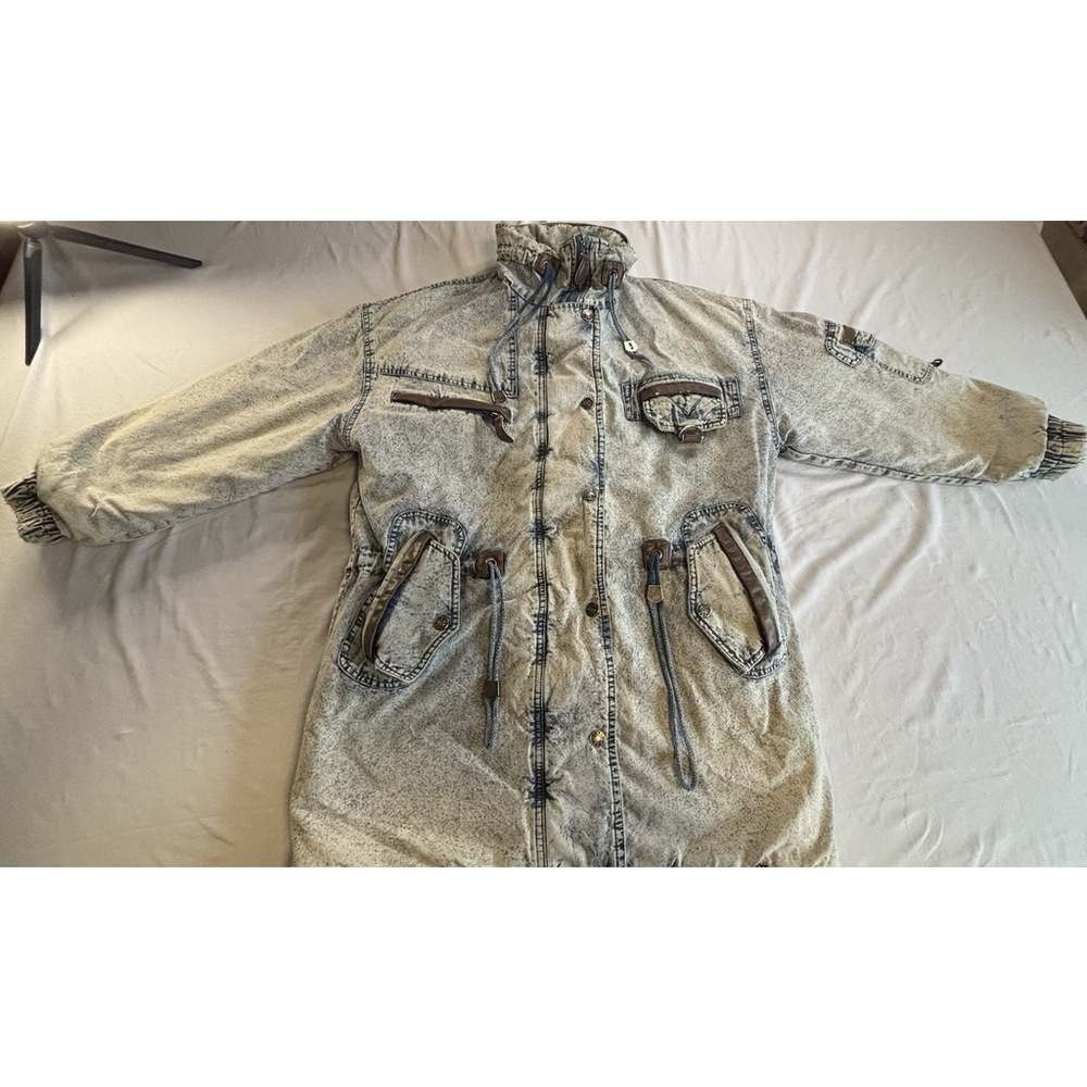 Vintage East West Panda Group Acid Wash Denim Parka Jacket Quilted Lined M